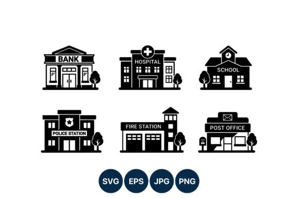 Black White Public Building Icons: Graphics & Illustrations
