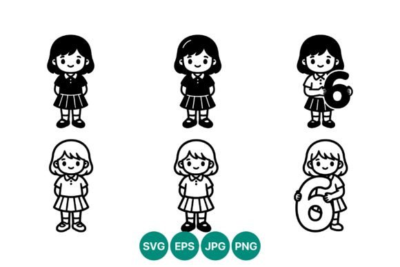 Cute Black White Girl Holding Six Vector Graphics