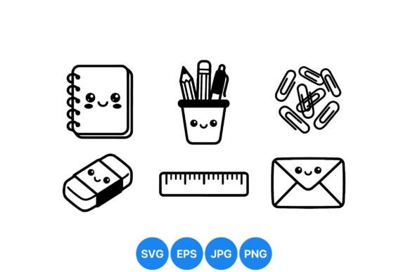 Cute Kawaii Stationery Icons: Graphics & Illustrations