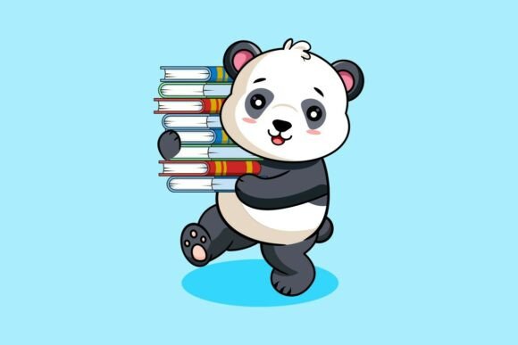 Cute Panda Carrying Stack of Books Graphics